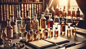 DALL·E-2024-07-01-12.33.23-A-tasting-setup-with-different-little-liquor-bottles-tasting-notes-and-glasses-ready-for-sampling.-The-setting-should-be-elegant-and-inviting-showc-1024x585